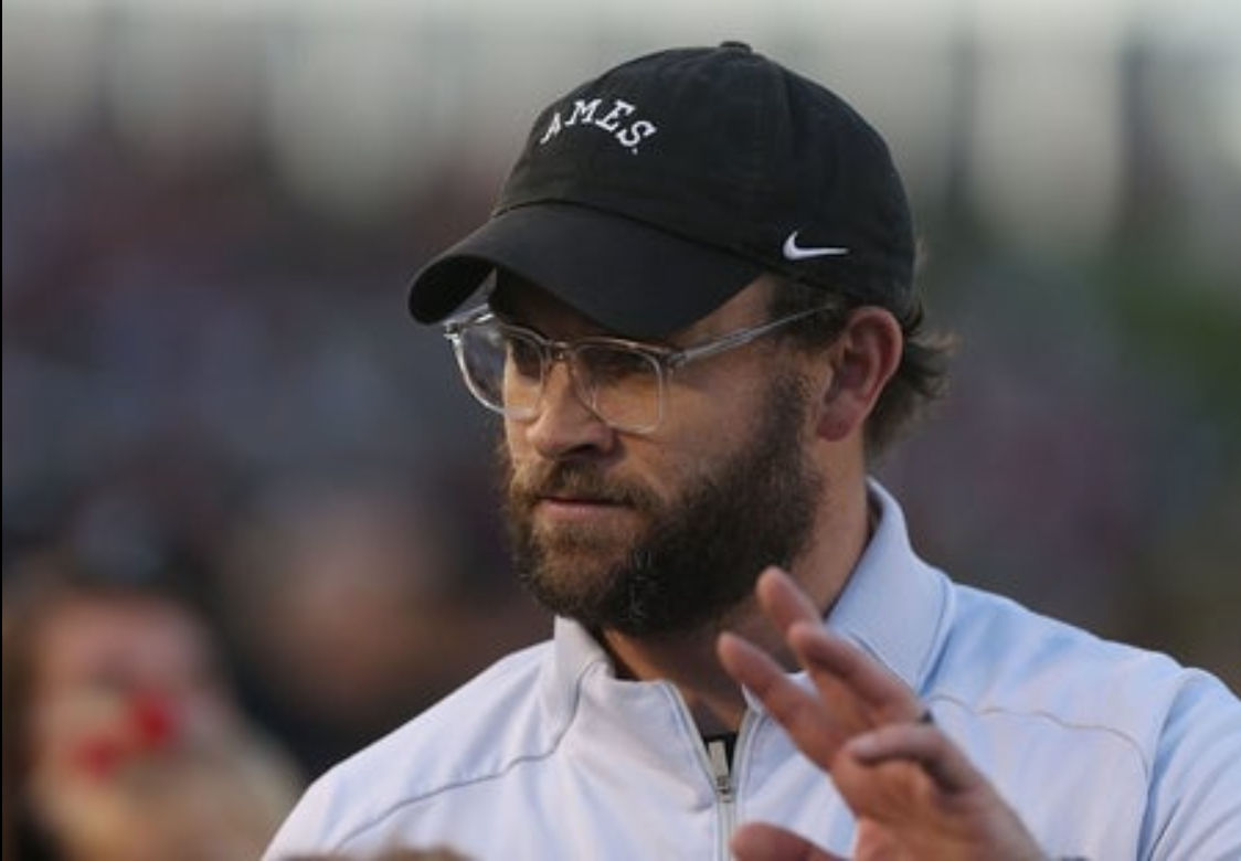 Iowa State offensive co-ordinator Taylor Mouser waves before the game against UCF in the week-8 NCAA football at Jack Trice Stadium on Saturday, Oct. 19, 2024, in Ames, Iowa.